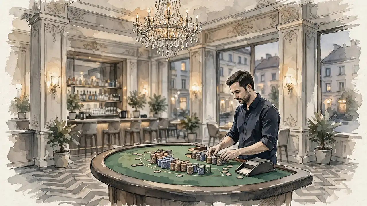 Eleganckie wnętrze kasyna przy stole do blackjacka w Warszawie.