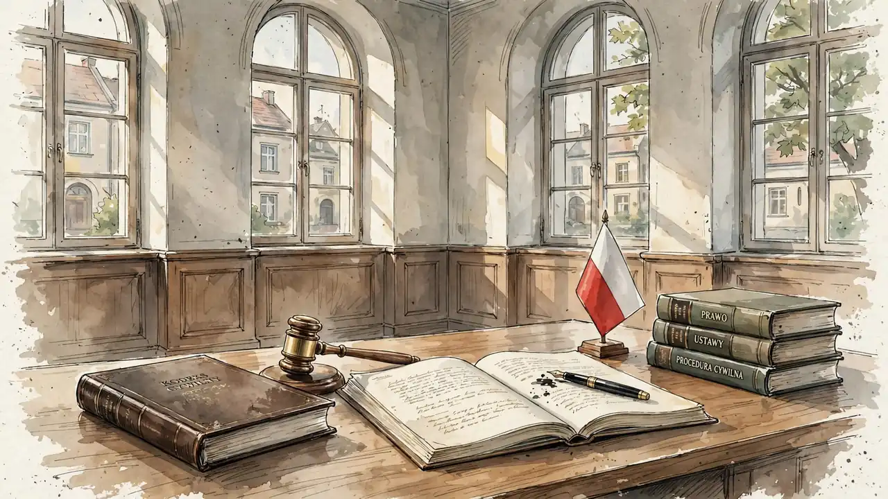 Biurko w polskiej kancelarii z dokumentem prawnym, młotkiem sędziowskim i flagą Polski