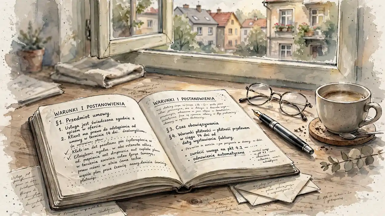 Notatnik z piórem i okulary na biurku w ciepłym świetle